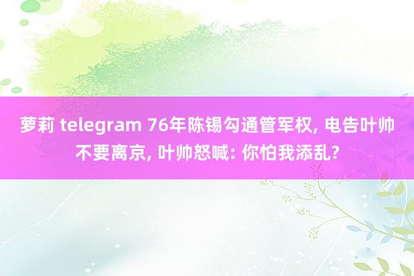 萝莉 telegram 76年陈锡勾通管军权， 电告叶帅不要离京， 叶帅怒喊: 你怕我添乱?